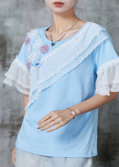 Modern Blue Patchwork Lace Cotton Tank Flare Sleeve