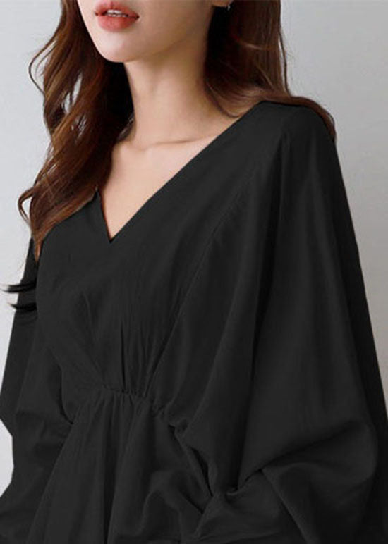 Black V Neck Wrinkled Patchwork Cotton Shirts Tops Lantern Sleeve