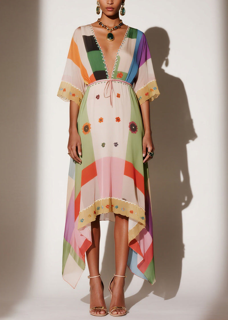 V Neck Print Asymmetrical Chiffon Long Dresses Summer