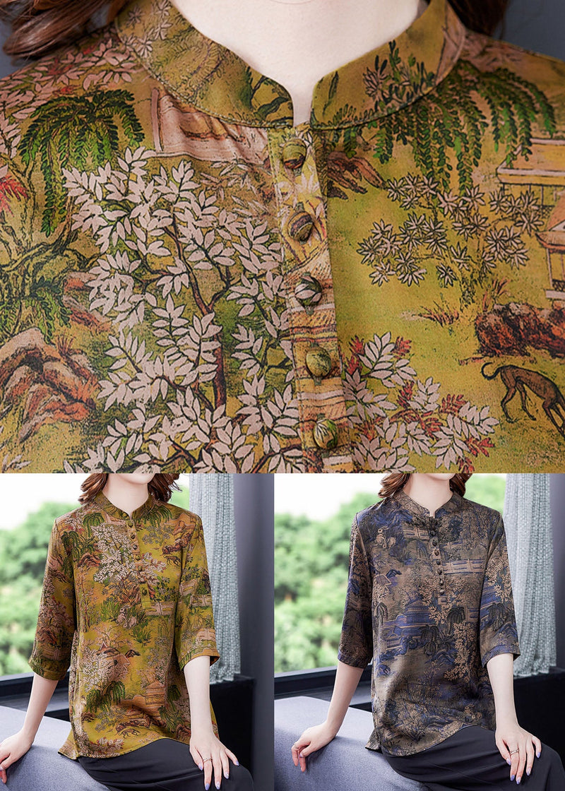 Blue Patchwork Print Button Silk Blouse Tops Summer