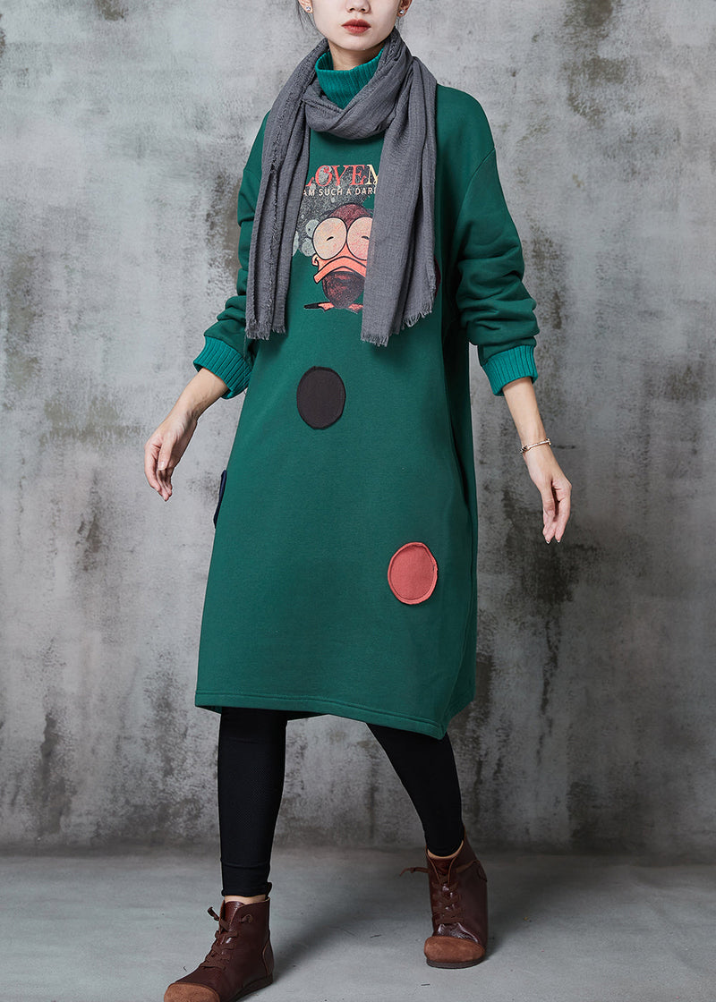 Green High Neck Print Cotton Sweatshirts Dress Spring