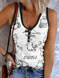 Funny Furry Cat Art Print  Casual Button Top elevenforest