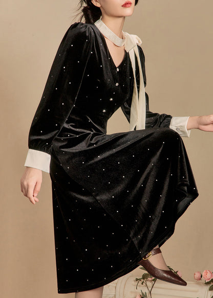 French Black Bow Dot Silk Velour Long Dress Winter