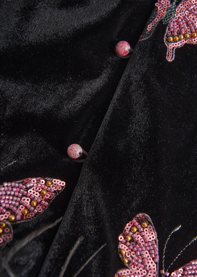Black Butterfly Patchwork Feather Silk Velvet Two Piece Set Clothing Fall