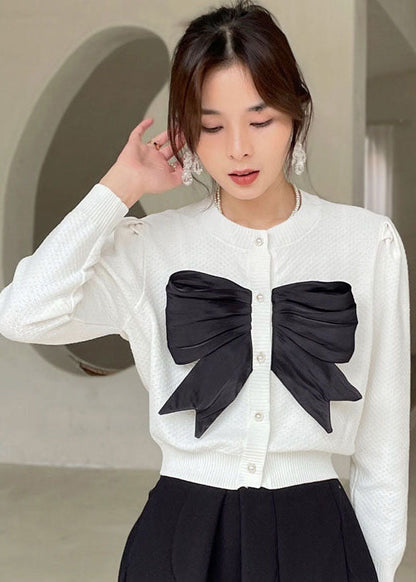 White Button Bow Knit Shirt Tops Spring