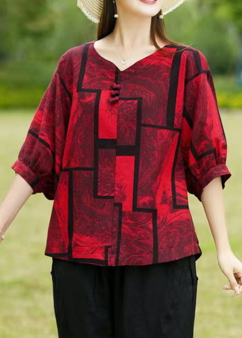 Red Print Patchwork Top Summer