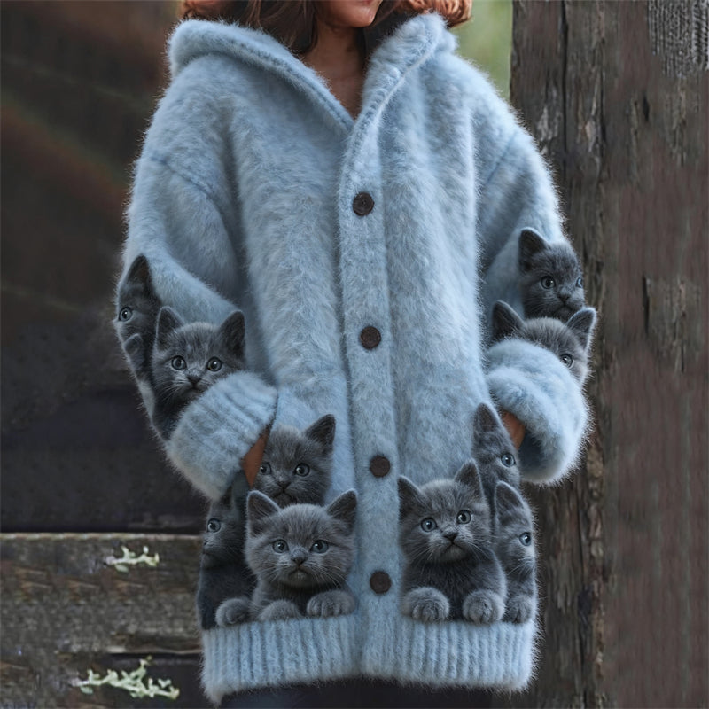 Comstylish Fuzzy Blue Cats Kittens Cozy Knit Hooded Cardigan