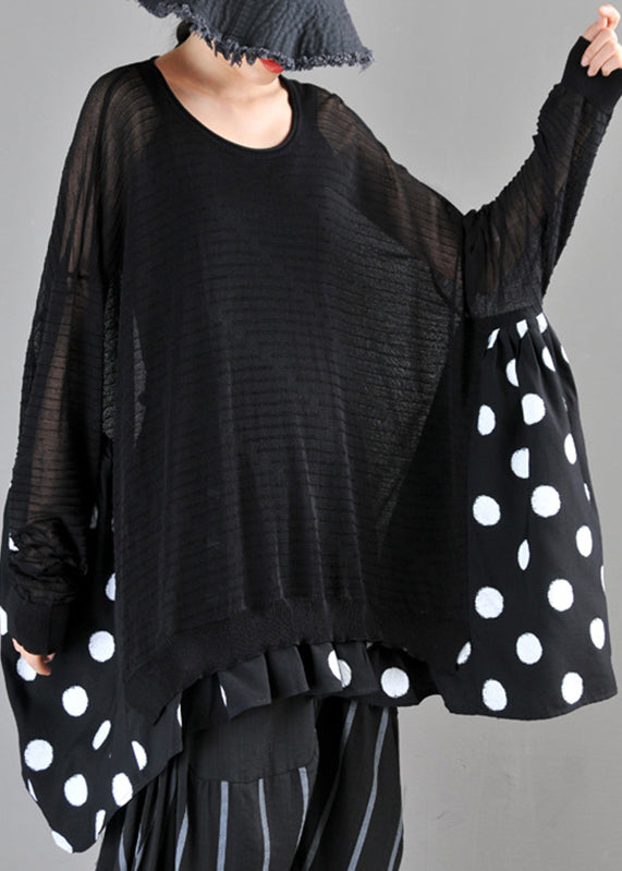 Loose Black O-neck Dot Print Patchwork Knit Cotton Top Long Sleeve