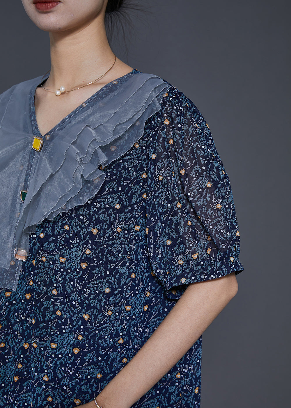Navy Peter Pan Collar Print Chiffon Maxi Dresses Summer