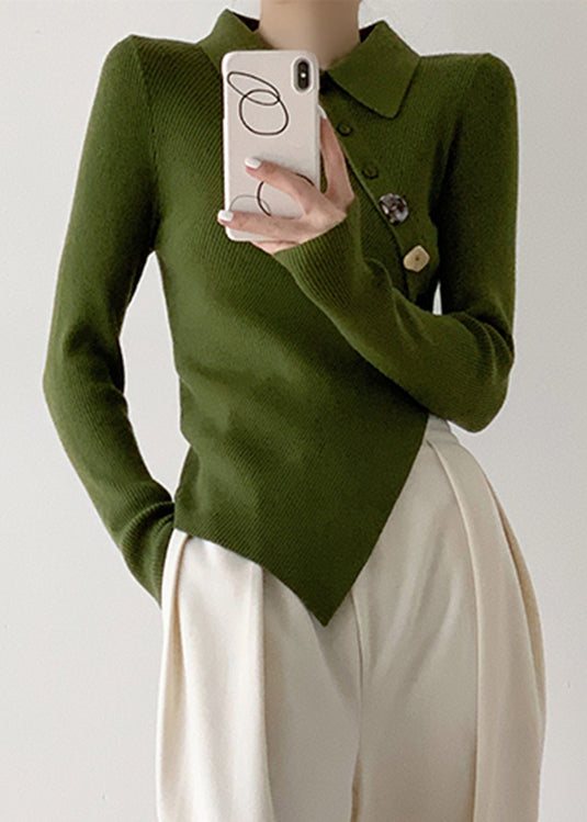 Green Peter Pan Collar Asymmetrical Knit Pullover Long Sleeve