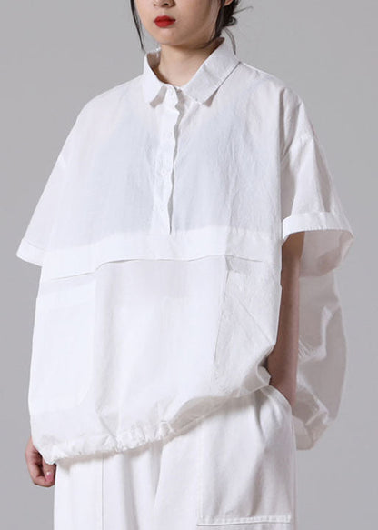 White Loose Cotton Blouse Tops Peter Pan Collar Button Short Sleeve