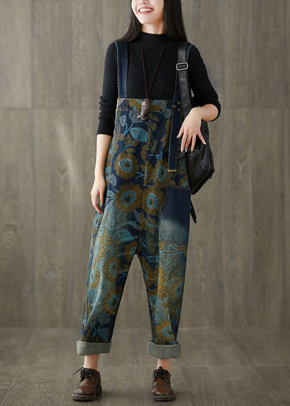Navy Pockets Print Jeans Jumpsuit Spring