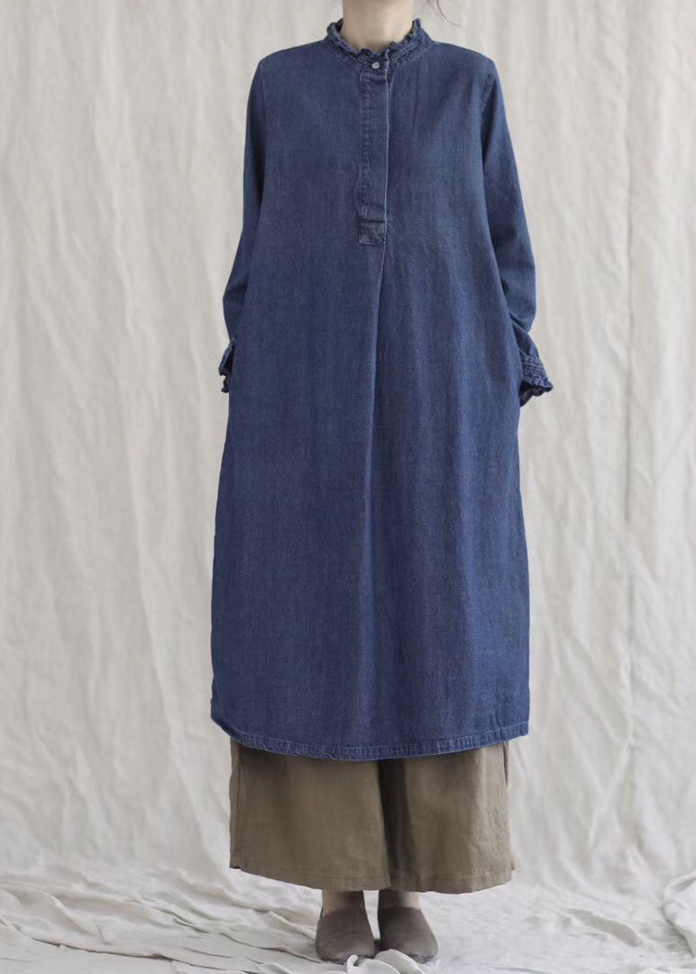 Style Blue Ruffled Pockets Denim Ankle Dress Spring
