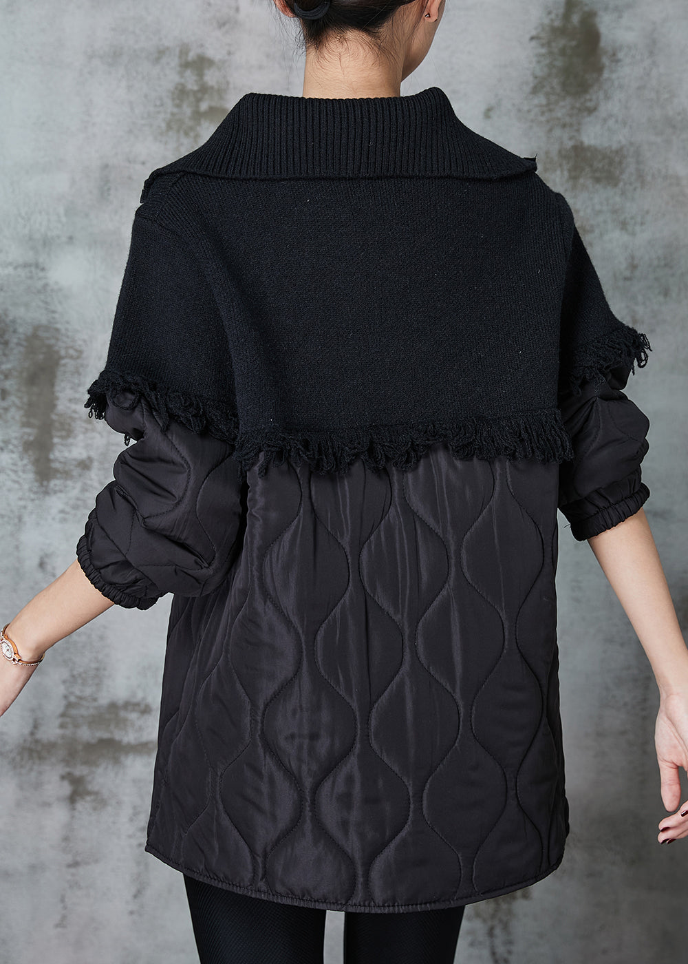 Black Tasseled Patchwork Fine Cotton Filled Sweatshirts Tracksuits Winter