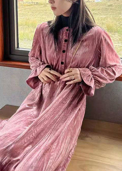 Pink Button Patchwork Velour Long Dresses Spring