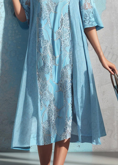 Natural Blue O Neck Print False Two Pieces Silk Dresses Summer