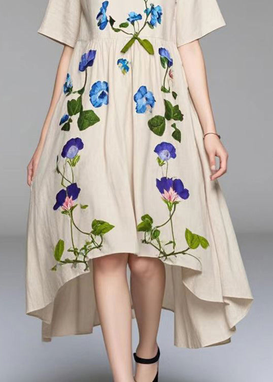 Beige Asymmetrical Print Cotton Vacation Dresses Summer