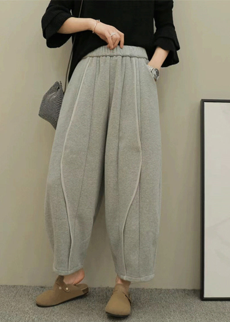 Grey Pockets Elastic Waist Patchwork Cotton Pants Fall