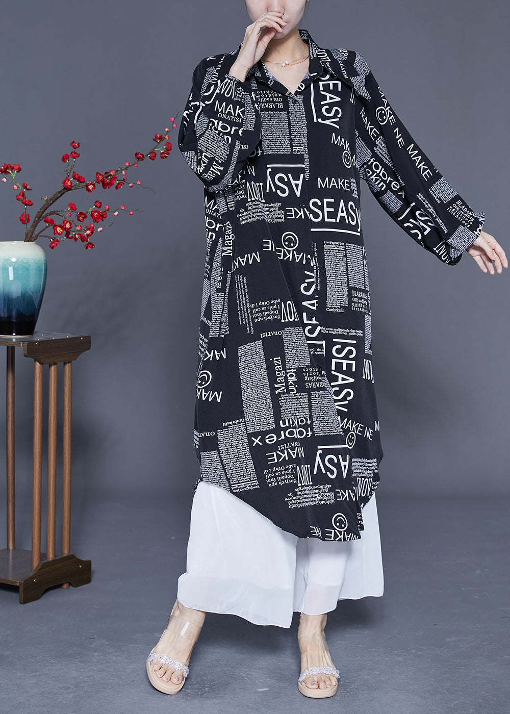 Black Oversized Letter Print Chiffon Shirt Dresses Summer