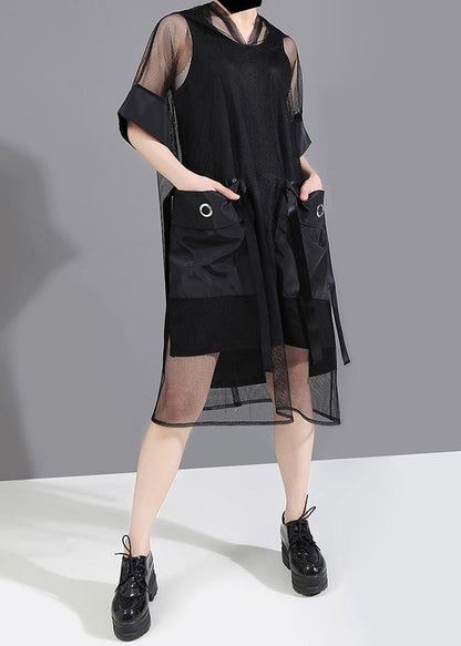 Summer Woman Black Mesh Hooded Dress