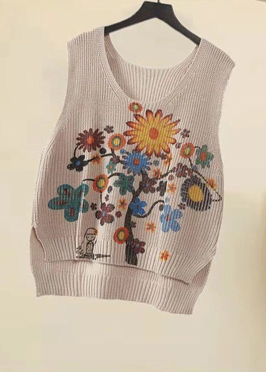 Apricot V Neck Print Low High Design Knit Waistcoat Fall