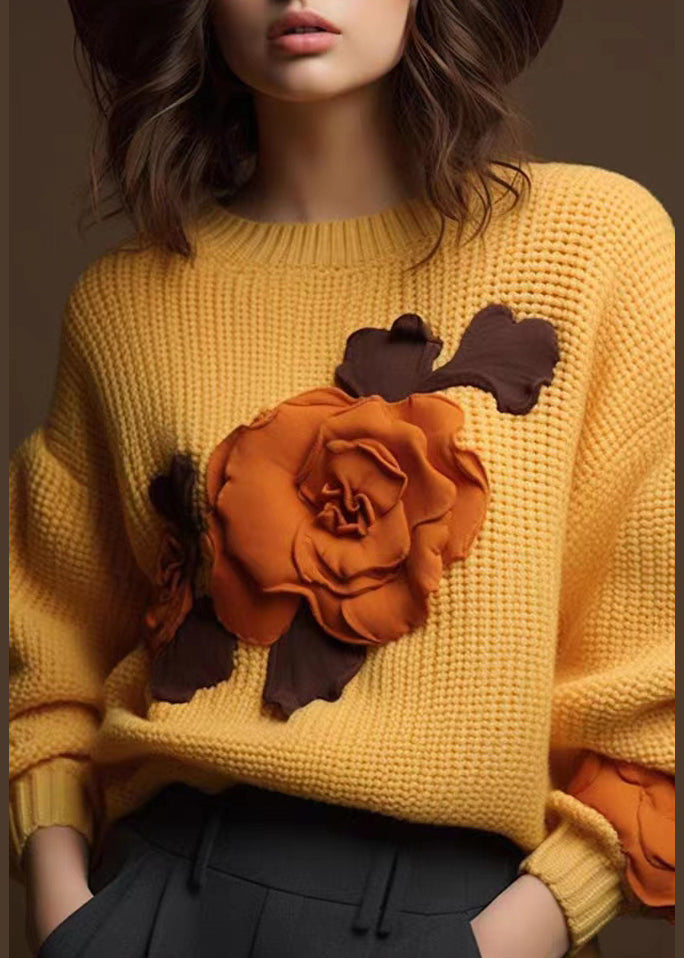 Art Yellow Cozy Cotton Knit Tops Fall