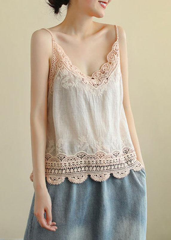 Pink Embroideried Lace Hollow Out Summer Cotton Vest Sleeveless