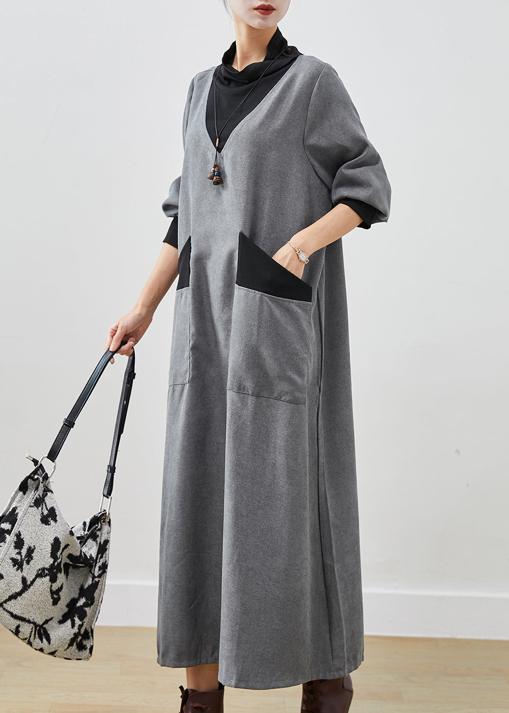 Grey Turtle Neck Patchwork Cotton Long Dress Fall