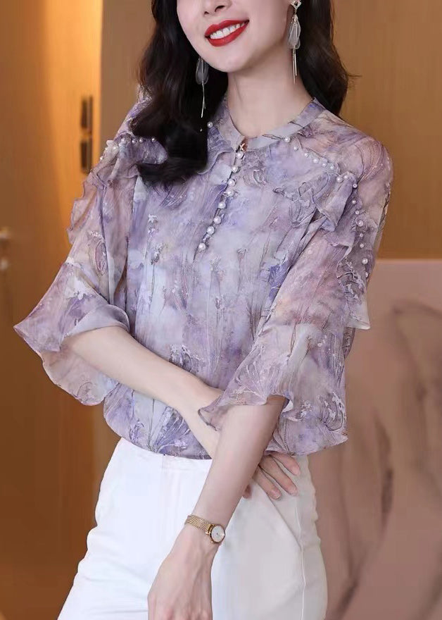 Purple Ruffled Print Nail Bead Chiffon Shirt Top Spring