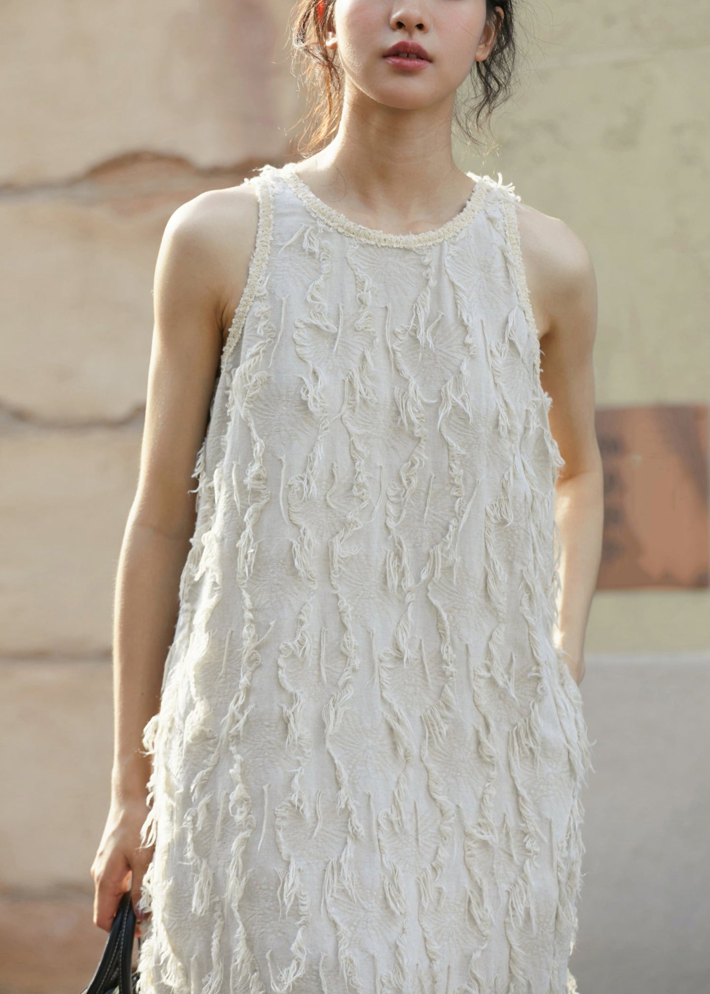 Linen O-neck Tassel Tank Top Mid Dress Summer