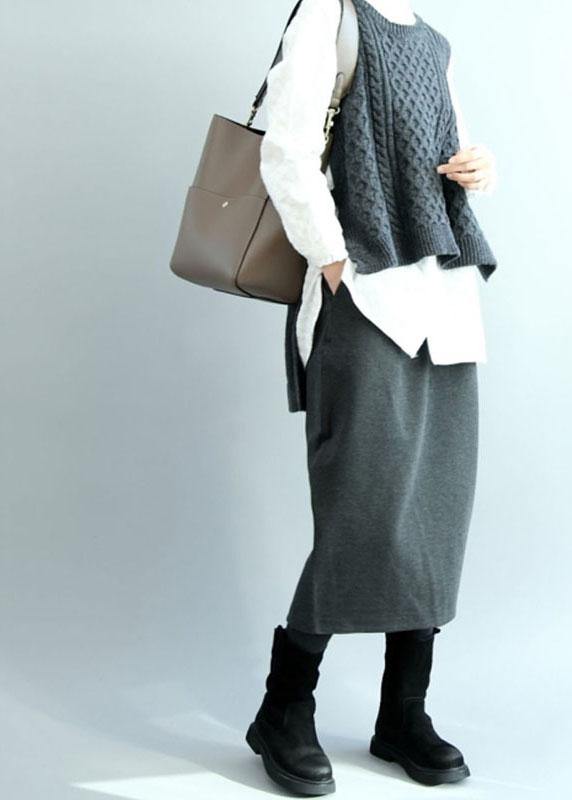 Dark Gray O-neck Side Open Low High Design Fall Knit Vest