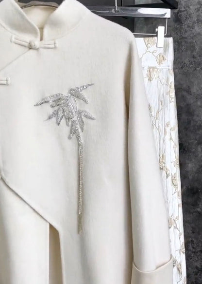 Chinese Style White Stand Collar Embroideried Shirts and Maxi Skirts Two Pieces Set Fall