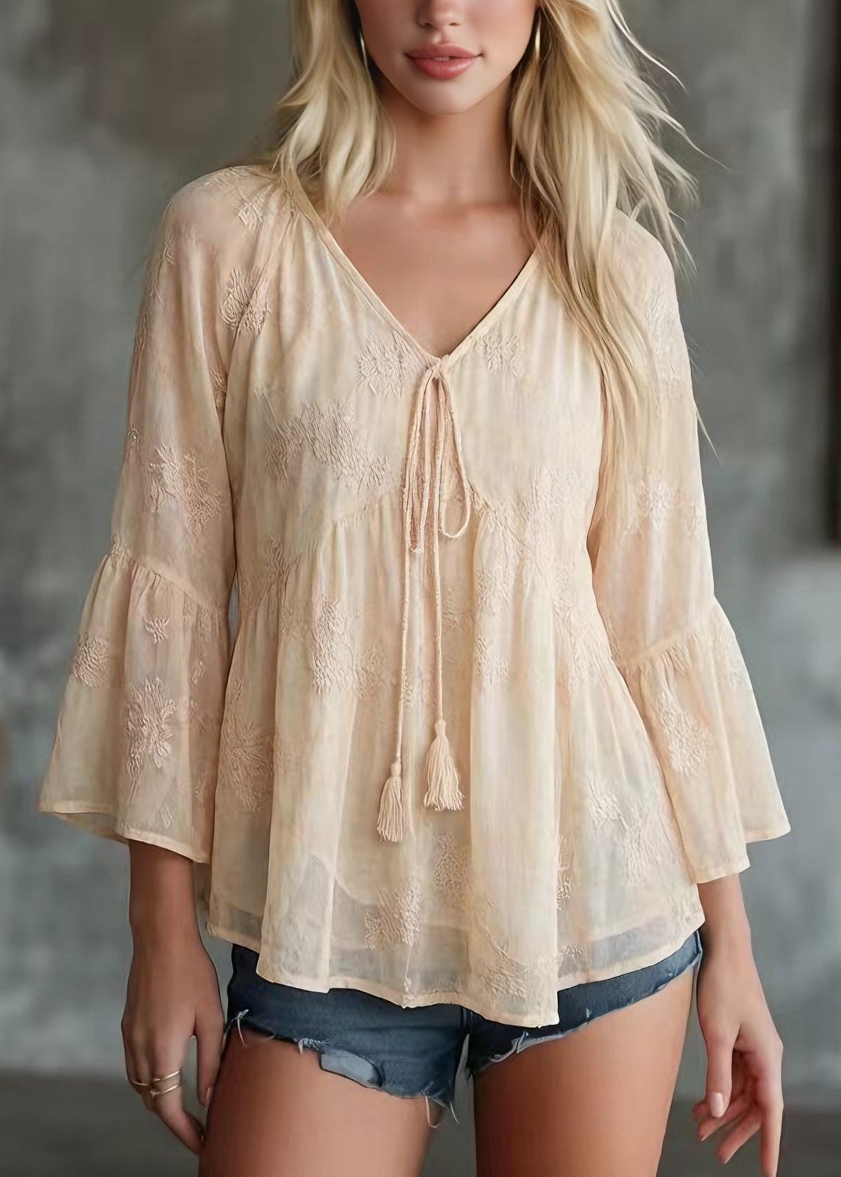 Yellow V Neck Patchwork Chiffon Top Bracelet Sleeve