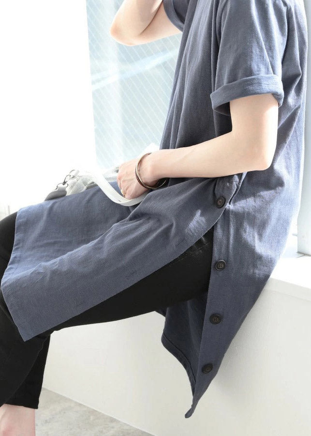 Light Blue O-neck Button Cotton Long T Shirt Short Sleeve