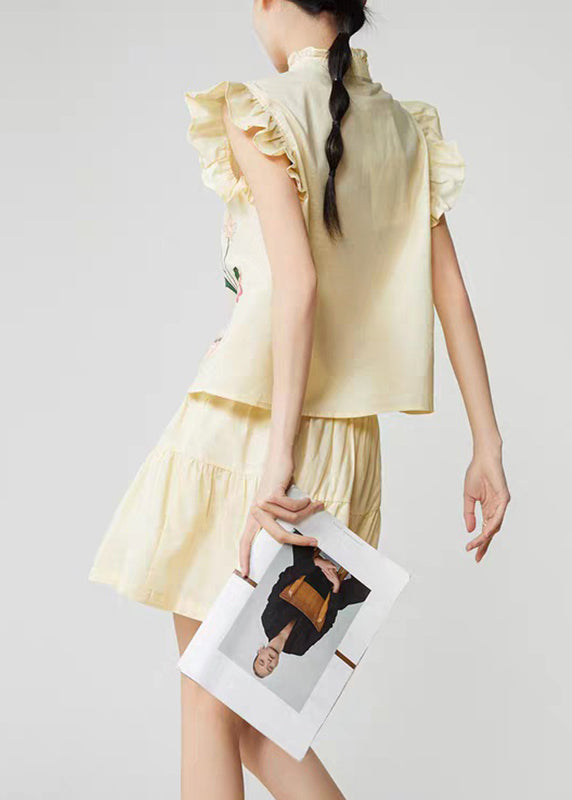 Yellow Embroidered Top and Skirts Two Pieces Set Sleeveless