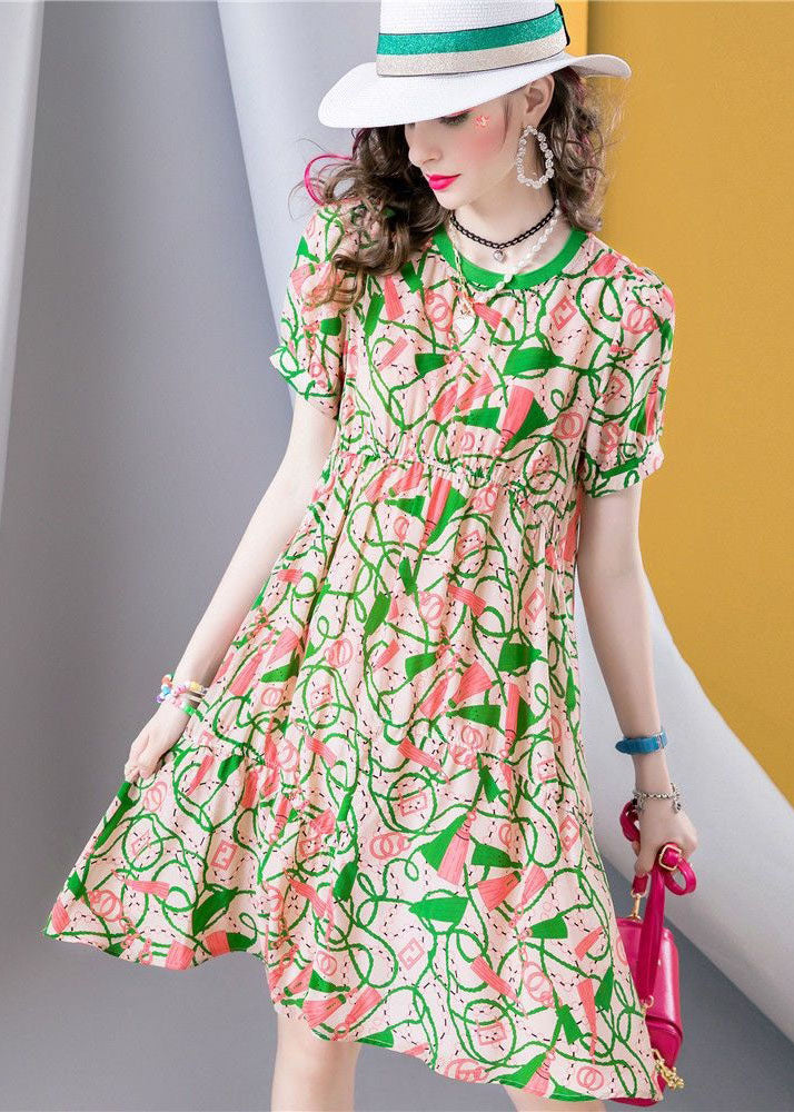 Green O Neck Print Patchwork Silk a Line Dresses Summer