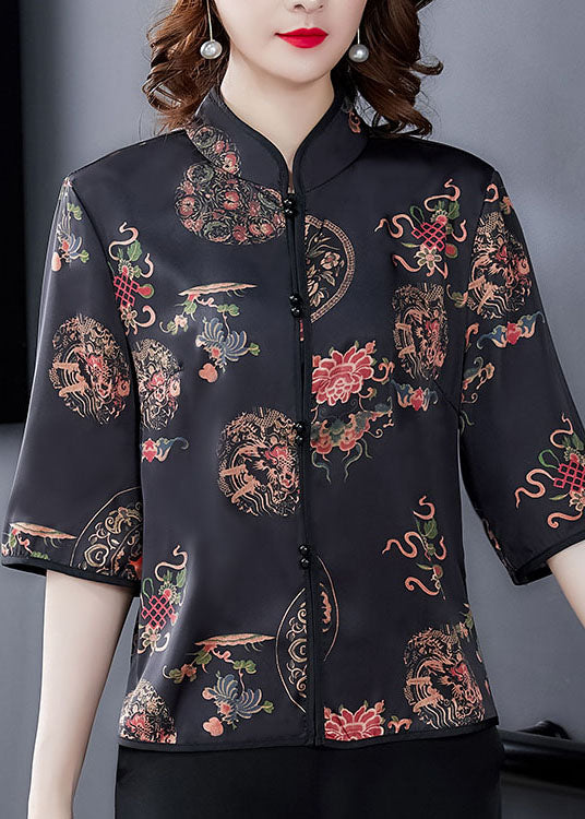 Black Mandarin Collar Button Print Silk Shirt Tops Half Sleeve