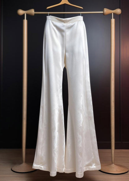 Fine White Print High Waist Silk Flared Trousers Summer