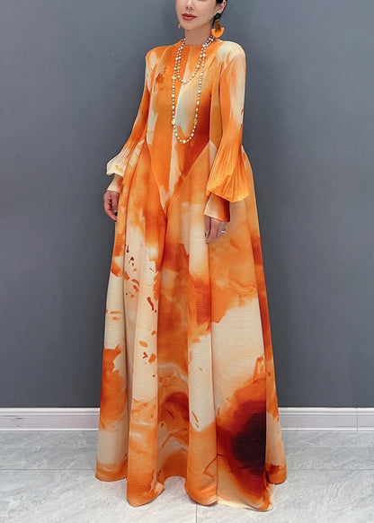 Orange Stand Collar Wrinkled Chiffon Long Dress Spring