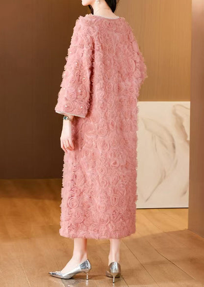 Pink V Neck Nail Bead Tulle Long Dresses Spring