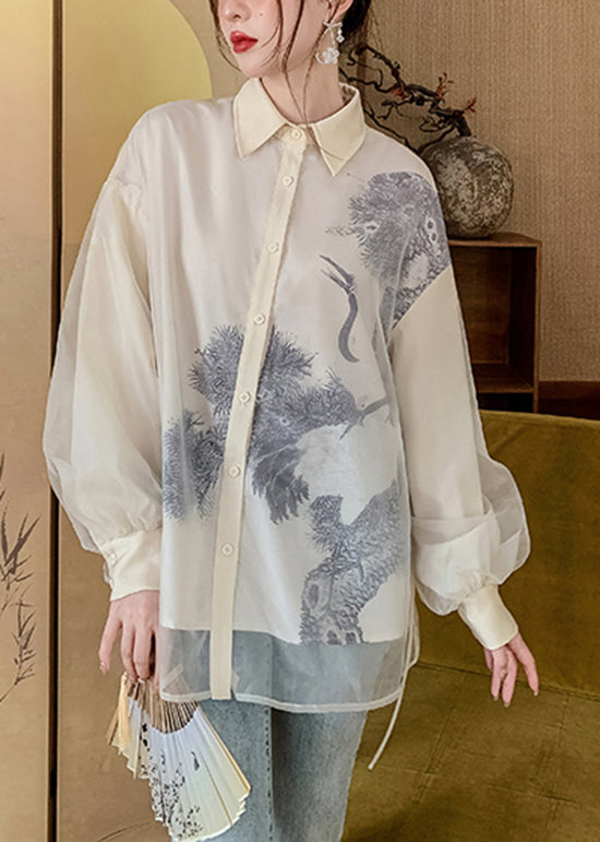 Black Peter Pan Collar Lace Up Patchwork Tulle Shirt Lantern Sleeve