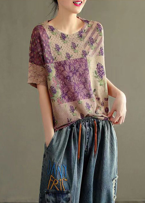 Purple O Neck Print Patchwork Thin Cotton Knit Tops Summer