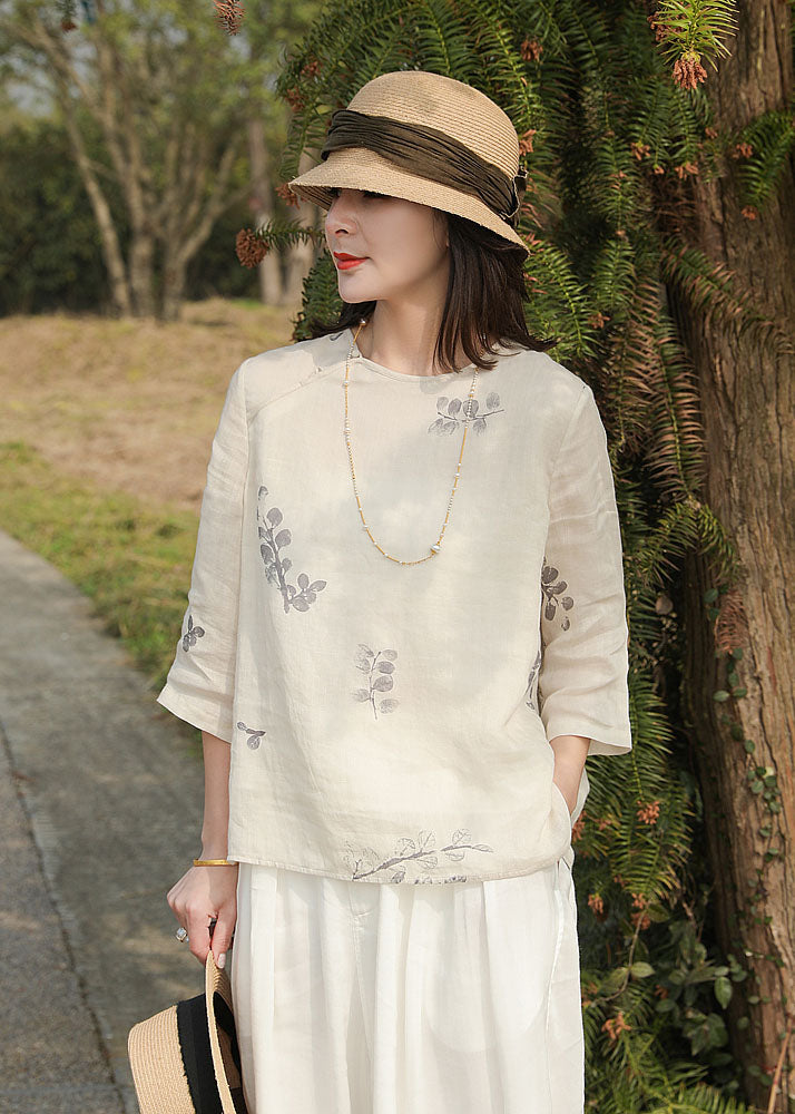 Handmade White O-neck Print Linen Tops Three Quarter Sleeve