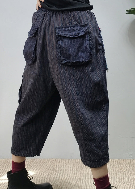 Navy Elastic Waist Pockets Patchwork Pants Spring