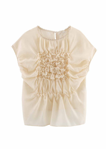 Apricot O-neck Wrinkled Chiffon Top Summer
