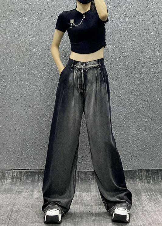 Black Grey Pockets Patchwork Denim Wide Leg Pants Fall
