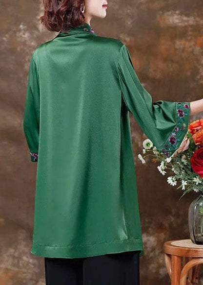 Green Embroideried Patchwork Silk Shirts Spring