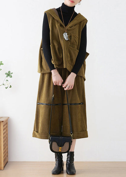 Mustard Green Velour Hooded Waistcoat and Crop Pants Two Pieces Set Fall