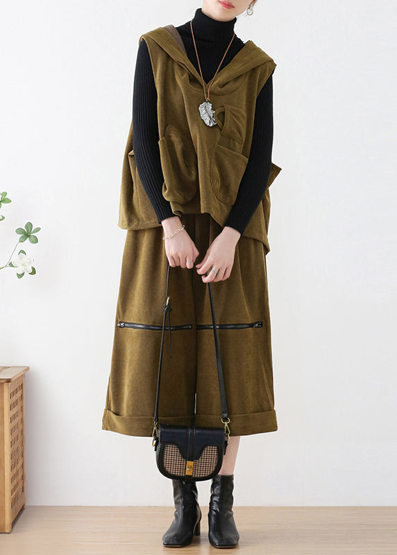 Mustard Green Velour Hooded Waistcoat and Crop Pants Two Pieces Set Fall