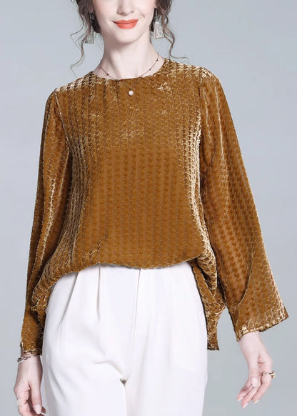 Yellow O Neck Silk Velour T Shirts Flare Sleeve
